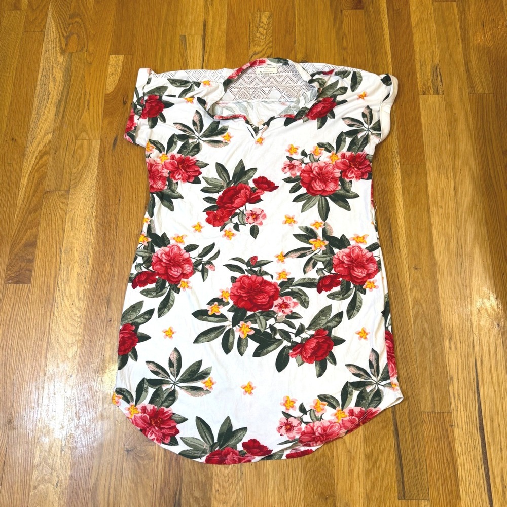 Bobbie Brooks Floral Lace Yoke T-Shirt Nigthgown White Red Roses XL